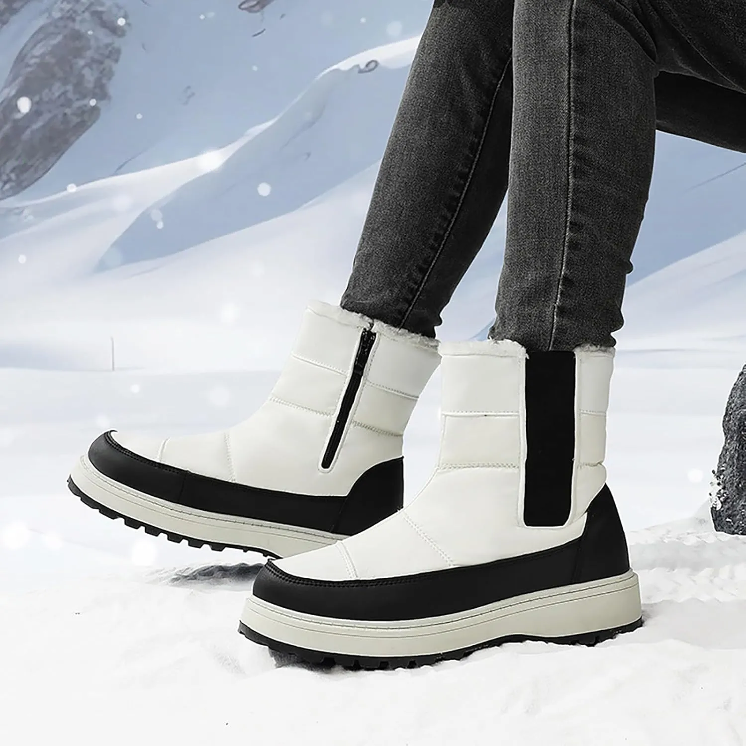 Winter White Boots for Women Size 12 Women's Snow Boots Waterproof White Women Winter Boots Women Waterproof Boots Women Mid Calf Flat Leather Winter Boots Prime of Day Deals