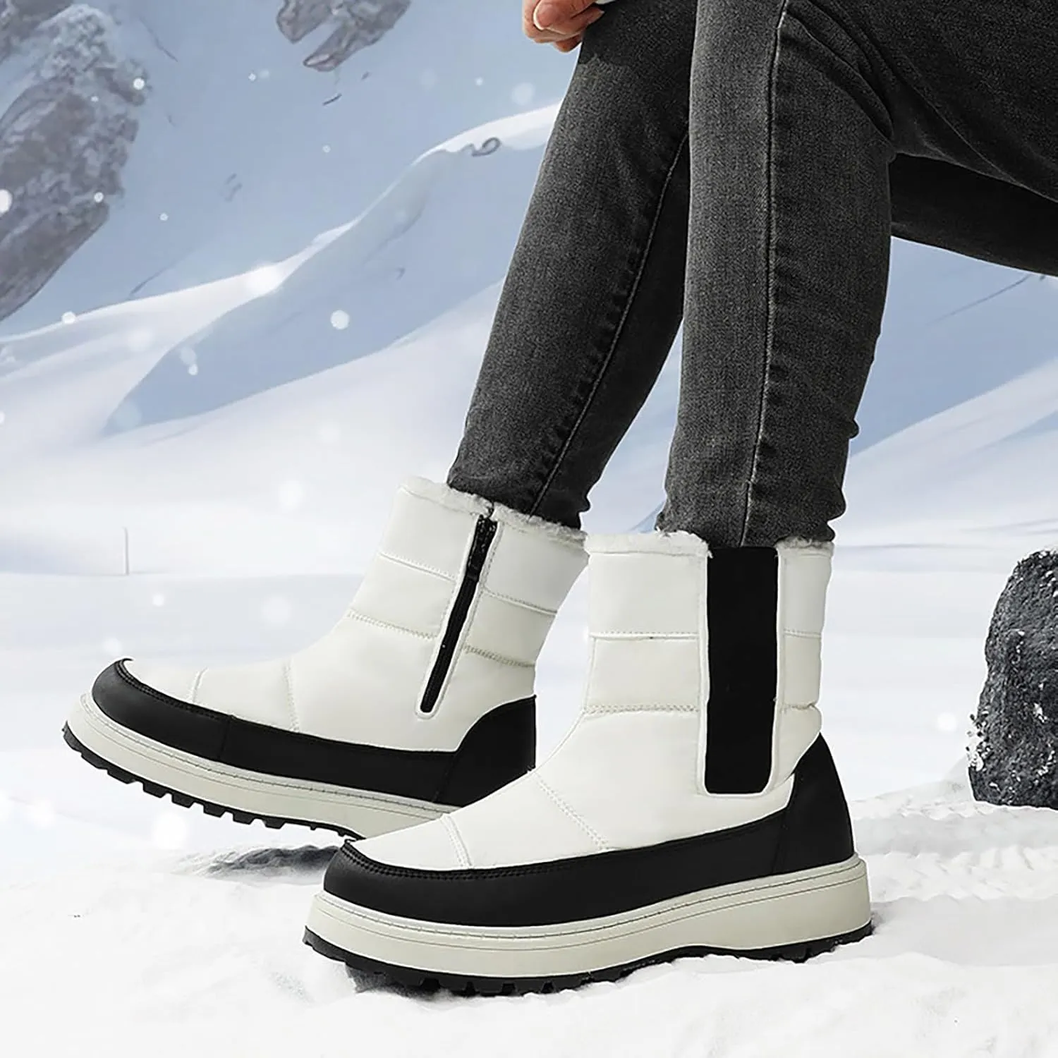 Winter White Boots for Women Size 12 Women's Snow Boots Waterproof White Women Winter Boots Women Waterproof Boots Women Mid Calf Flat Leather Winter Boots Prime of Day Deals