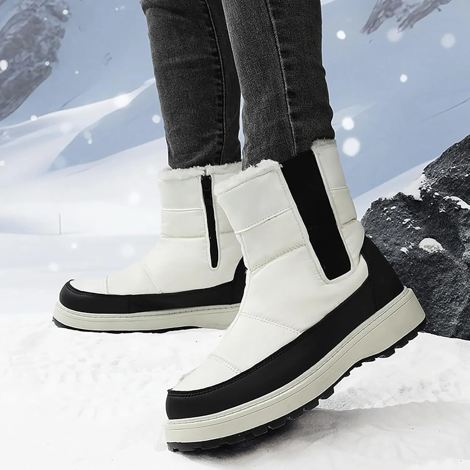 Winter White Boots for Women Size 12 Women's Snow Boots Waterproof White Women Winter Boots Women Waterproof Boots Women Mid Calf Flat Leather Winter Boots Prime of Day Deals