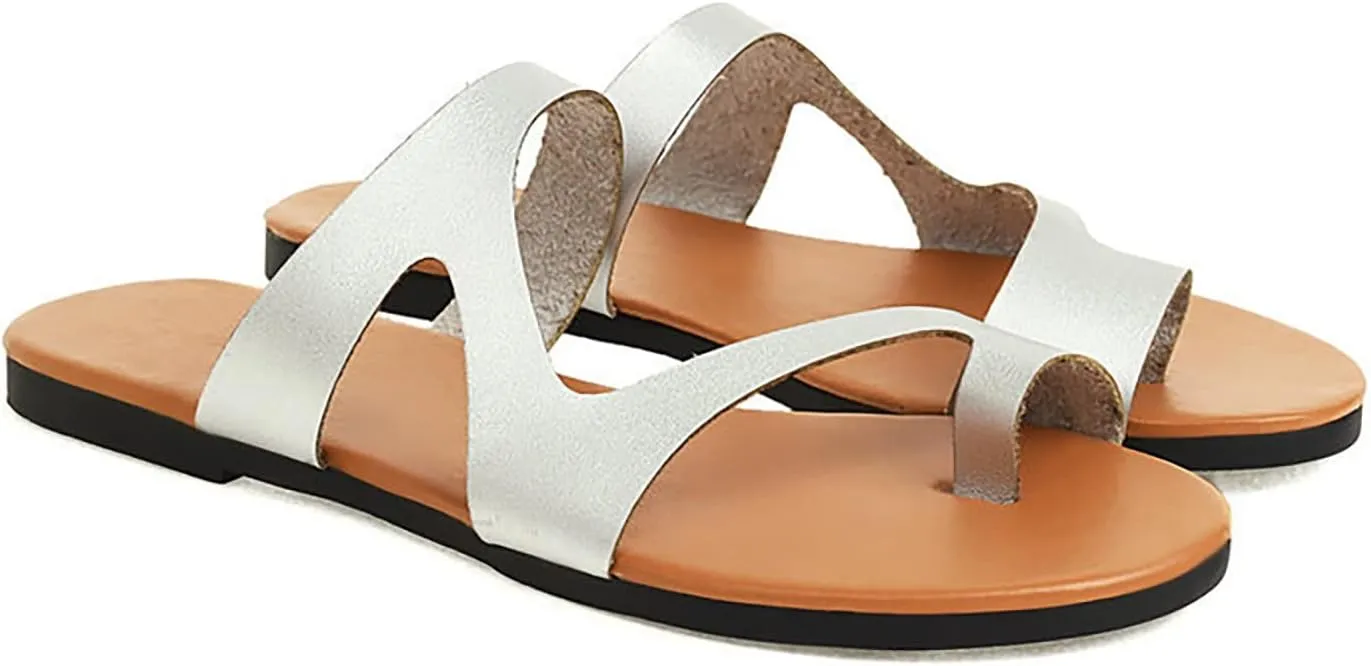 Women Flat Pu Leather Shoes, Summer Outdoor Beach Women's Orthopedic Correction Leather Ring Toe Casual, for Plantar Fasciitis Correction Slippers