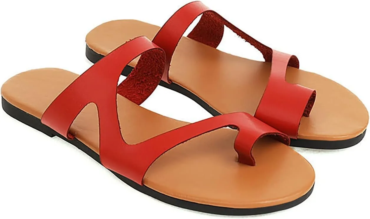 Women Flat Pu Leather Shoes, Summer Outdoor Beach Women's Orthopedic Correction Leather Ring Toe Casual, for Plantar Fasciitis Correction Slippers
