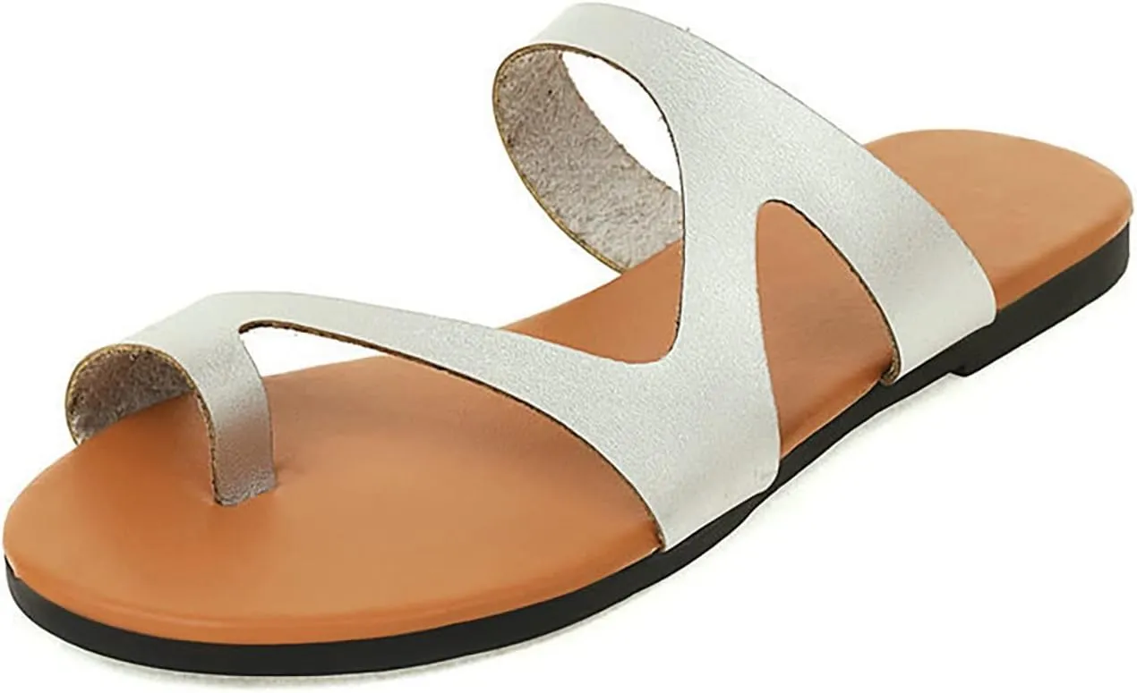 Women Flat Pu Leather Shoes, Summer Outdoor Beach Women's Orthopedic Correction Leather Ring Toe Casual, for Plantar Fasciitis Correction Slippers