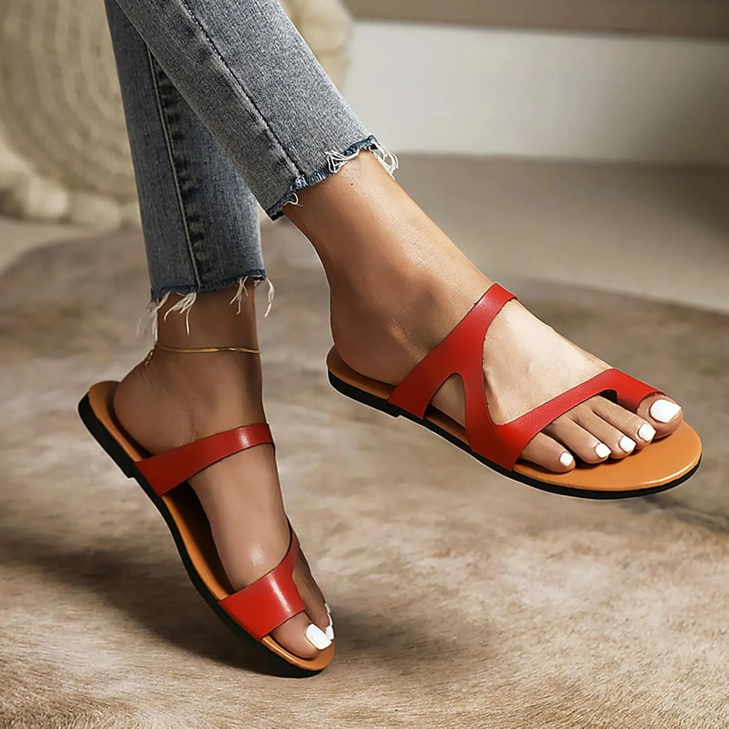 Women Flat Pu Leather Shoes, Summer Outdoor Beach Women's Orthopedic Correction Leather Ring Toe Casual, for Plantar Fasciitis Correction Slippers