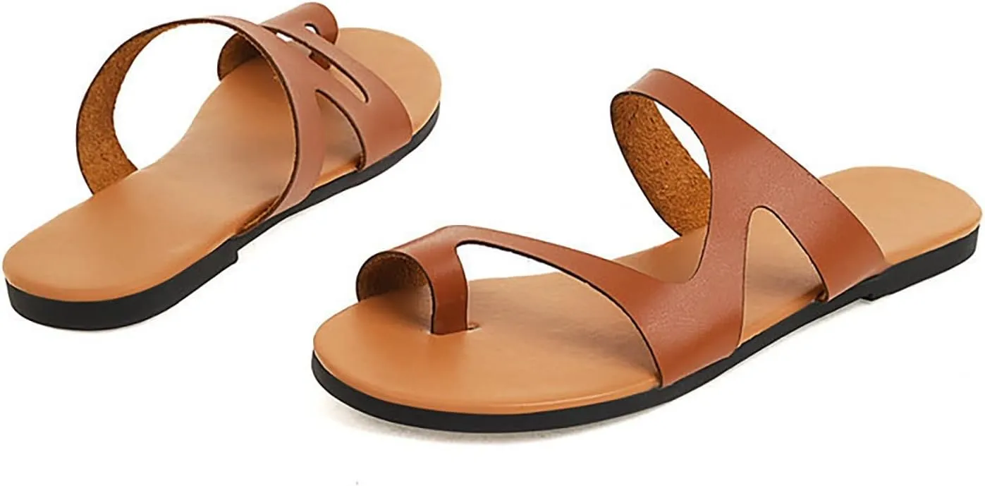 Women Flat Pu Leather Shoes, Summer Outdoor Beach Women's Orthopedic Correction Leather Ring Toe Casual, for Plantar Fasciitis Correction Slippers