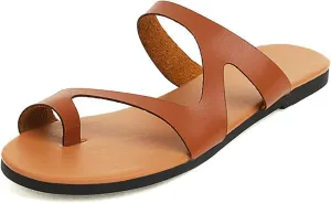 Women Flat Pu Leather Shoes, Summer Outdoor Beach Women's Orthopedic Correction Leather Ring Toe Casual, for Plantar Fasciitis Correction Slippers