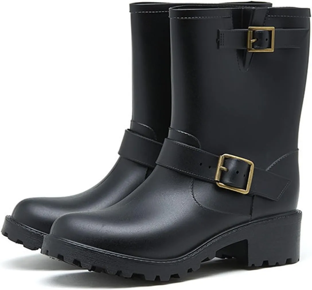 Women Rain Boots Classic Ankle Boots Chunky Heel Non-slip Mid-calf Buckle Mid-Calf Motorcycle Shoes Combat Booties