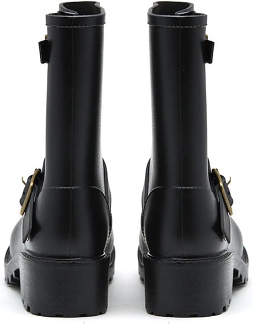 Women Rain Boots Classic Ankle Boots Chunky Heel Non-slip Mid-calf Buckle Mid-Calf Motorcycle Shoes Combat Booties