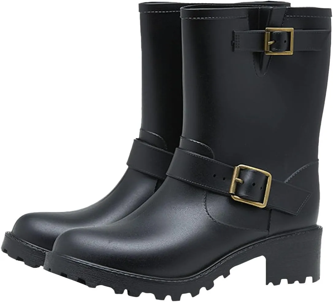 Women Rain Boots Classic Ankle Boots Chunky Heel Non-slip Mid-calf Buckle Mid-Calf Motorcycle Shoes Combat Booties