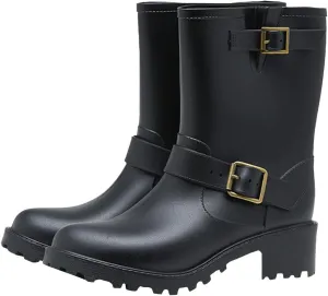 Women Rain Boots Classic Ankle Boots Chunky Heel Non-slip Mid-calf Buckle Mid-Calf Motorcycle Shoes Combat Booties