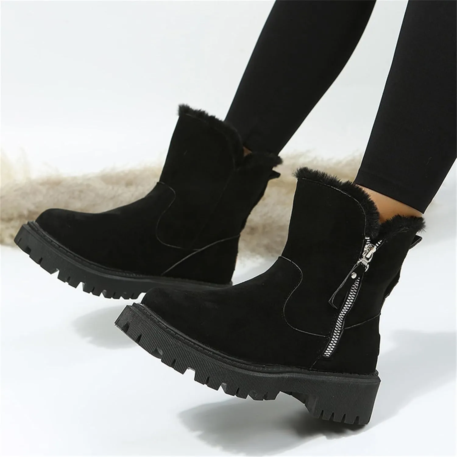 Women Snow Ankle Boots Lug Sole Anti Slip Plush Lined Winter Boots Waterproof Side Zipper Mid Calf Boots For Women