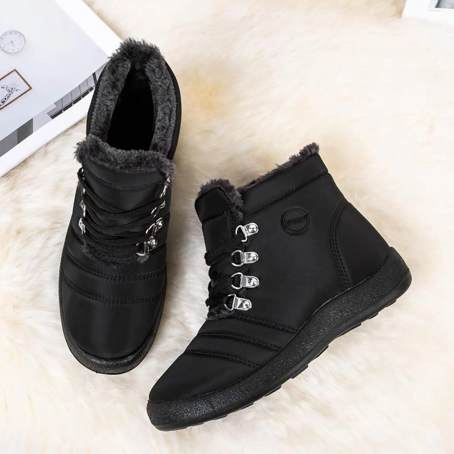Women Winter Boots Wide Calf White and Black Winter Boots for Women Snow Boots Women Slip On Winter Boots for Women Womens Winter Booties Prime of Day Deals