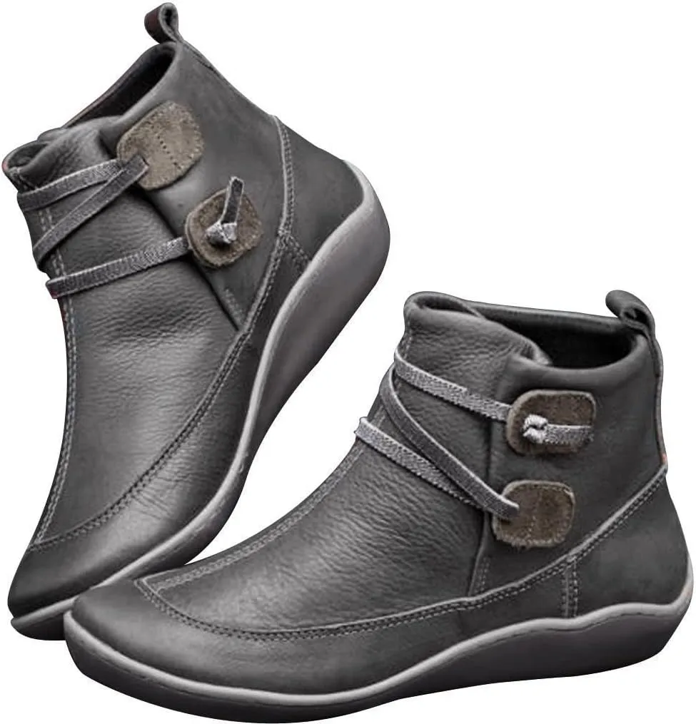 Women's Ankle Booties No Heel Arch Support Boots Side Zipper Flat Heel Booties Vintage Leather Damping Boots