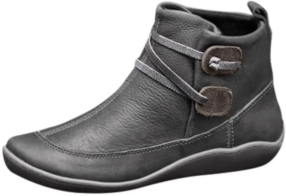 Women's Ankle Booties No Heel Arch Support Boots Side Zipper Flat Heel Booties Vintage Leather Damping Boots