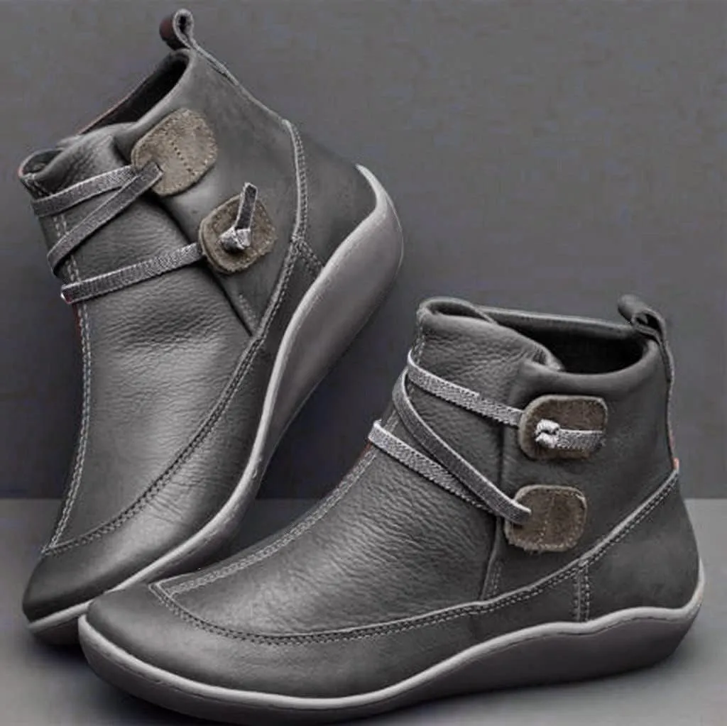 Women's Ankle Booties No Heel Arch Support Boots Side Zipper Flat Heel Booties Vintage Leather Damping Boots