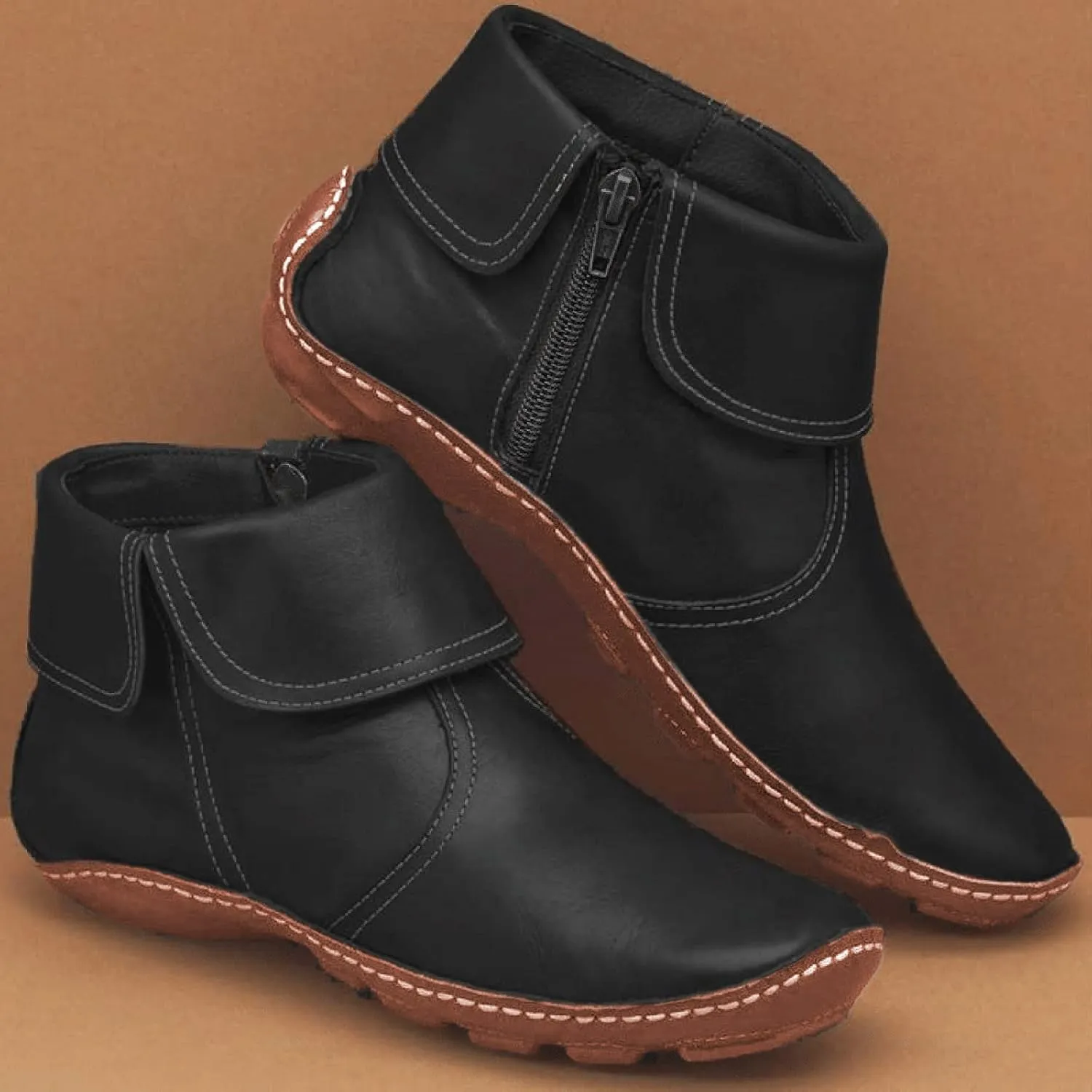 Womens Ankle Boots Flat Heel Round Toe Booties Fashion Side Zip Vintage Boots Low Heel Arch Support Booties
