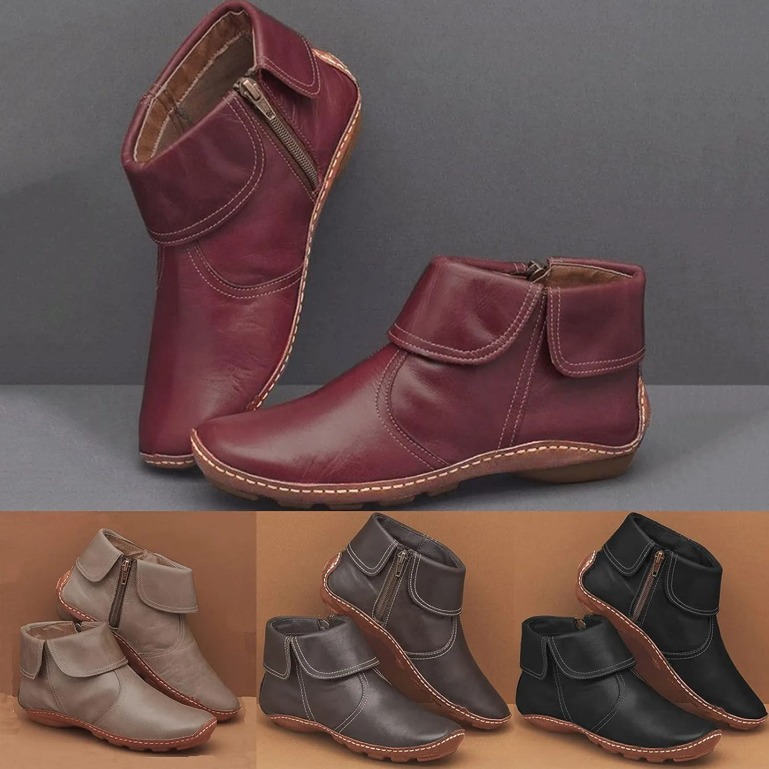 Womens Ankle Boots Flat Heel Round Toe Booties Fashion Side Zip Vintage Boots Low Heel Arch Support Booties