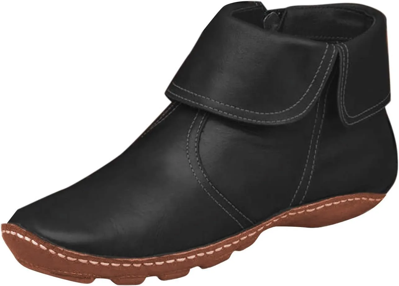 Womens Ankle Boots Flat Heel Round Toe Booties Fashion Side Zip Vintage Boots Low Heel Arch Support Booties