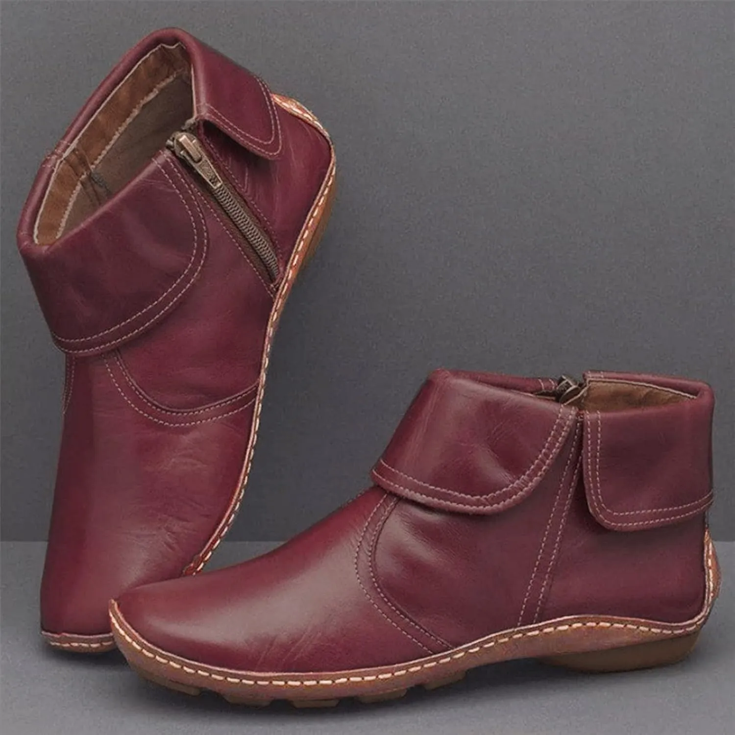 Womens Ankle Boots Side Zipper Vintage Leather Boots No Heel Arch Support Booties Flat Heel Casual Booties