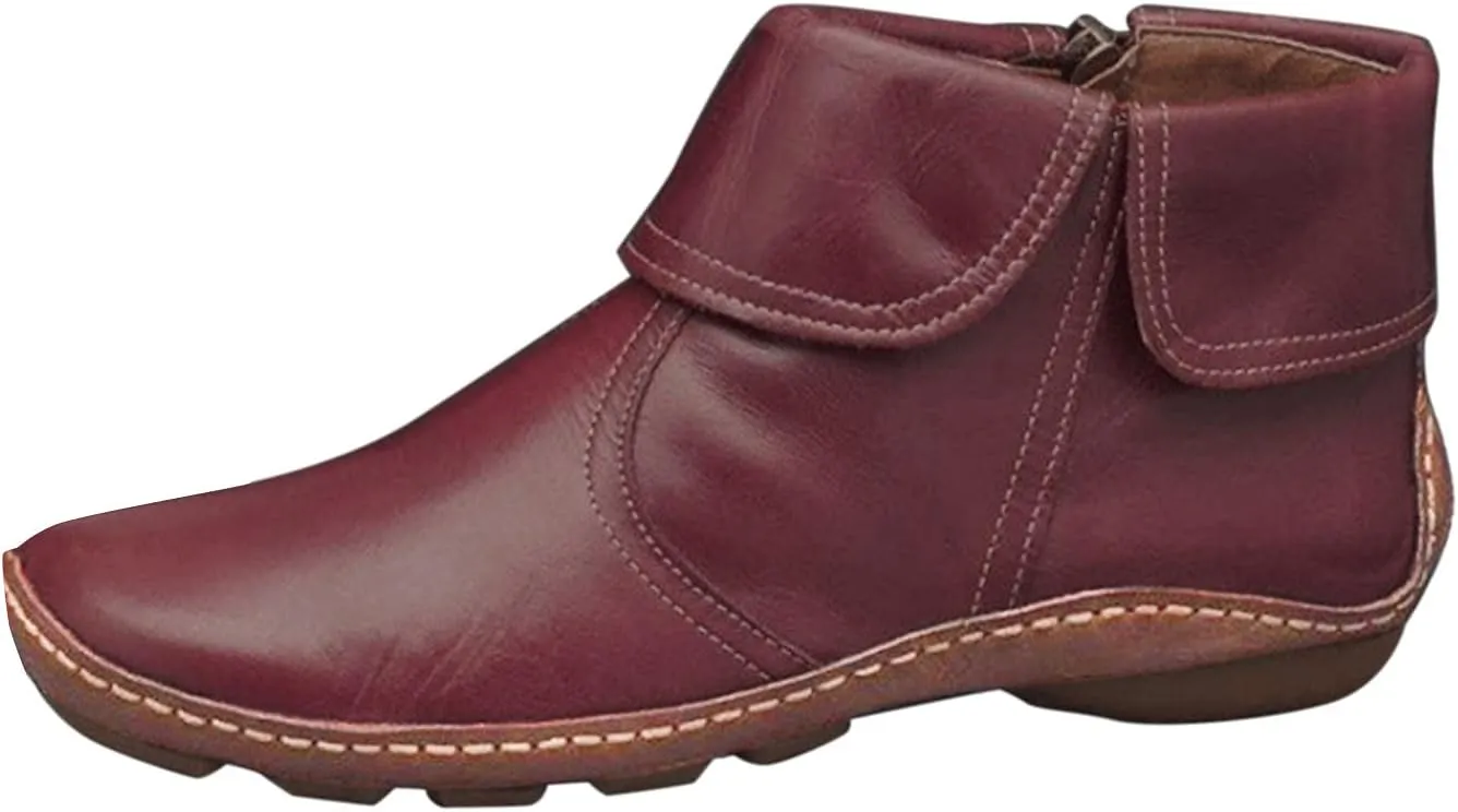 Womens Ankle Boots Side Zipper Vintage Leather Boots No Heel Arch Support Booties Flat Heel Casual Booties