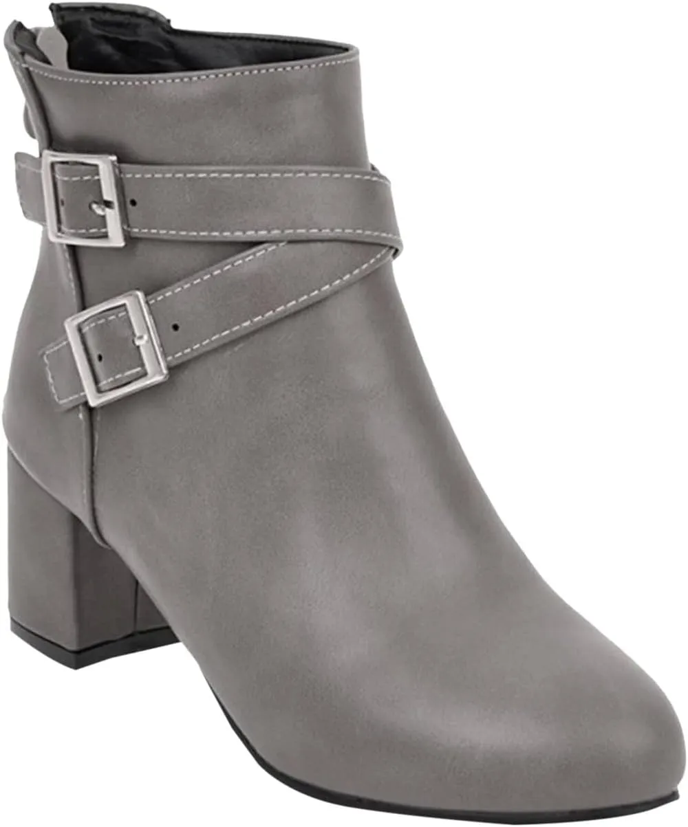 Womens Boots Exquisite Leather Side Zipper Thick Heel Boots for Women Elegant Belt Buckle Cozy Short Boots