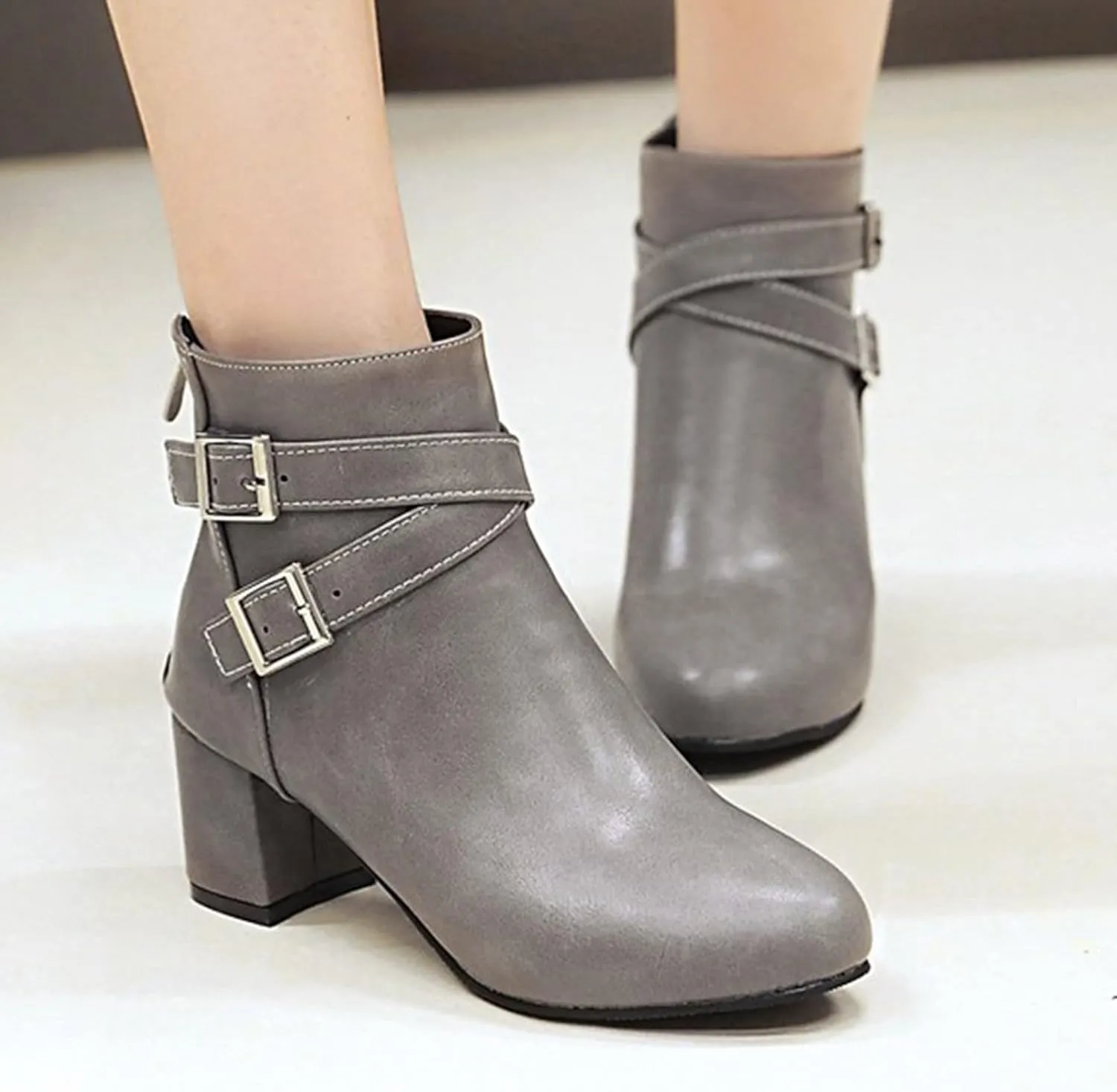 Womens Boots Exquisite Leather Side Zipper Thick Heel Boots for Women Elegant Belt Buckle Cozy Short Boots