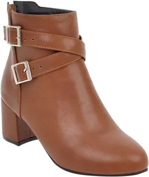 Womens Boots Fashion Belt Decorated PU Leather Boots for Women Round Toe Side Zipper Thick Heel Winter Short Boots