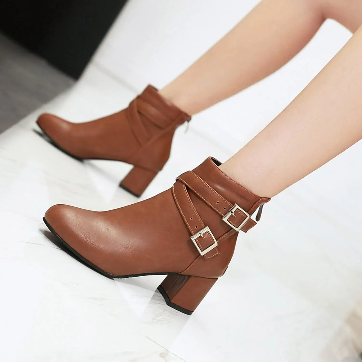 Womens Boots Fashion Belt Decorated PU Leather Boots for Women Round Toe Side Zipper Thick Heel Winter Short Boots