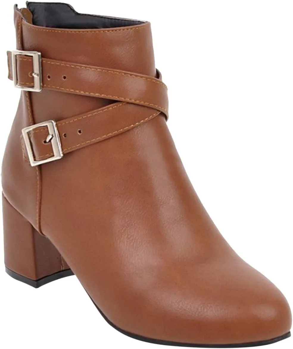 Womens Boots Fashion Belt Decorated PU Leather Boots for Women Round Toe Side Zipper Thick Heel Winter Short Boots