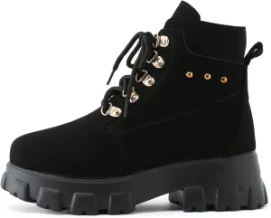 Womens Boots Fashion Casual Solid Color Lace Up Round Toe Boots for Women Lug Sole Non Slip Cozy Ankle Boots