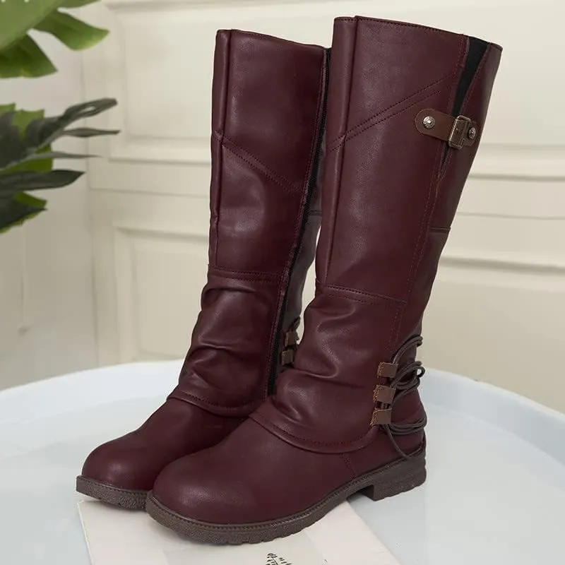 Womens Boots Fashion Leather Short Heel Waterproof Boots for Women Round Toe Side Zipper Cozy Mid-Calf Boots