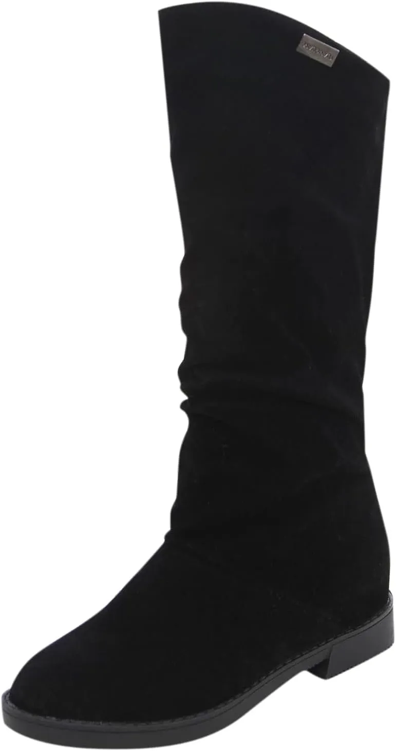 Womens Boots Fashion Pleated Thick Heel Waterproof Boots for Women Warm Comfortable Soft Leather Mid-Calf Boots