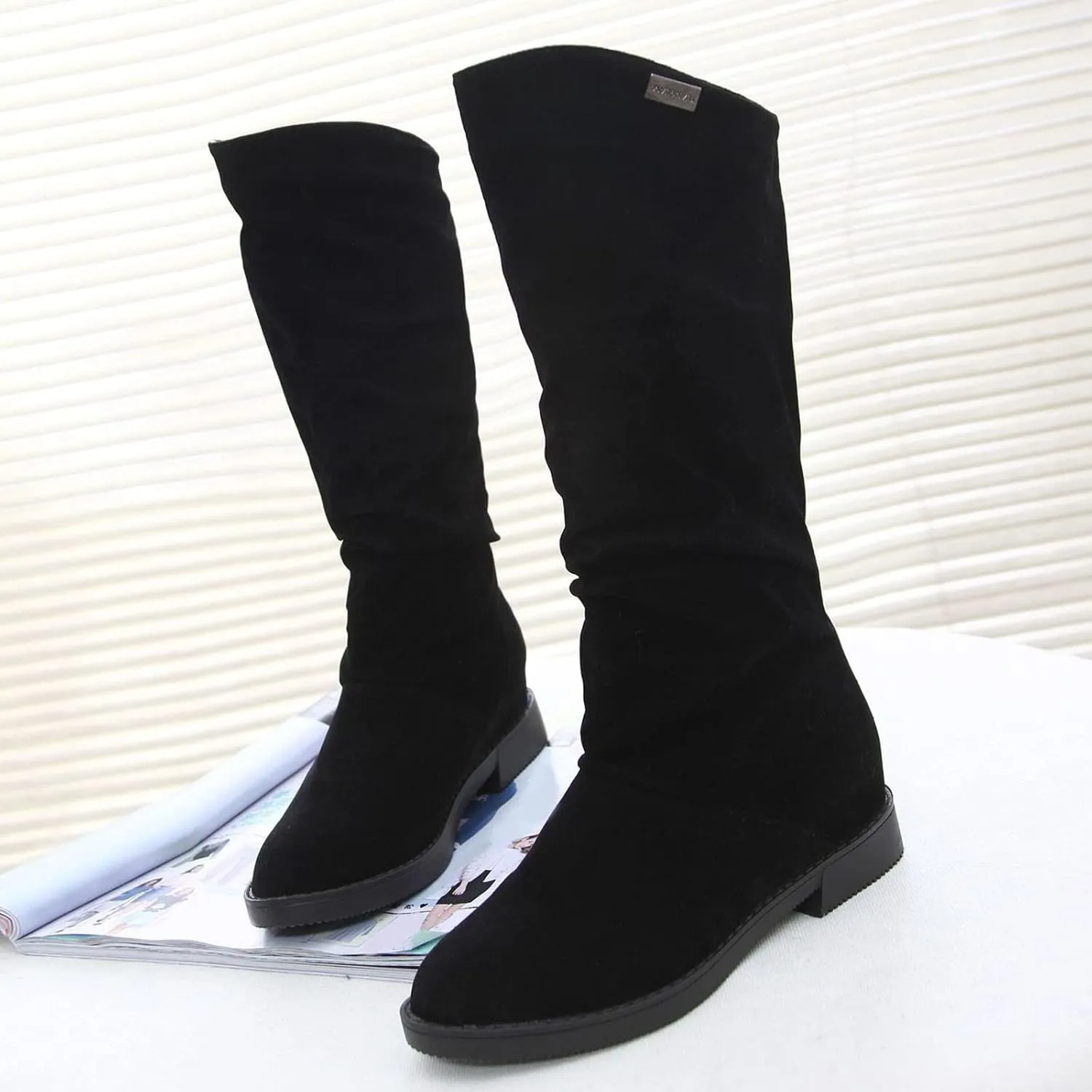 Womens Boots Fashion Pleated Thick Heel Waterproof Boots for Women Warm Comfortable Soft Leather Mid-Calf Boots