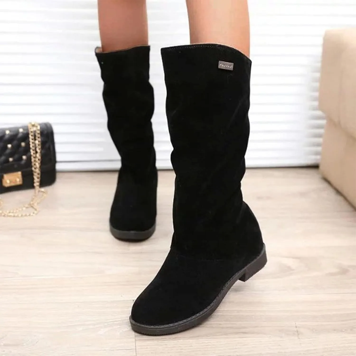 Womens Boots Fashion Pleated Thick Heel Waterproof Boots for Women Warm Comfortable Soft Leather Mid-Calf Boots