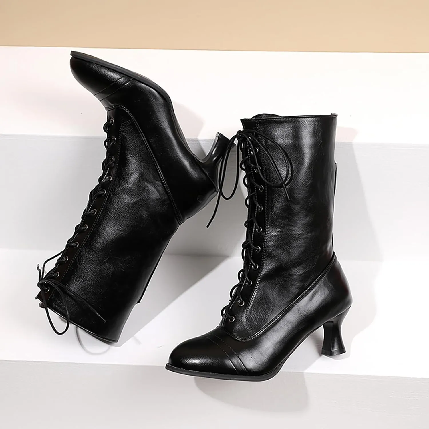 Womens Boots Retro Solid Color Lace Up Short Heel Winter Boots for Women Warm Durable PU Leather Mid-Calf Boots