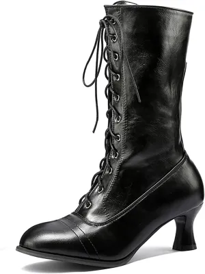 Womens Boots Retro Solid Color Lace Up Short Heel Winter Boots for Women Warm Durable PU Leather Mid-Calf Boots