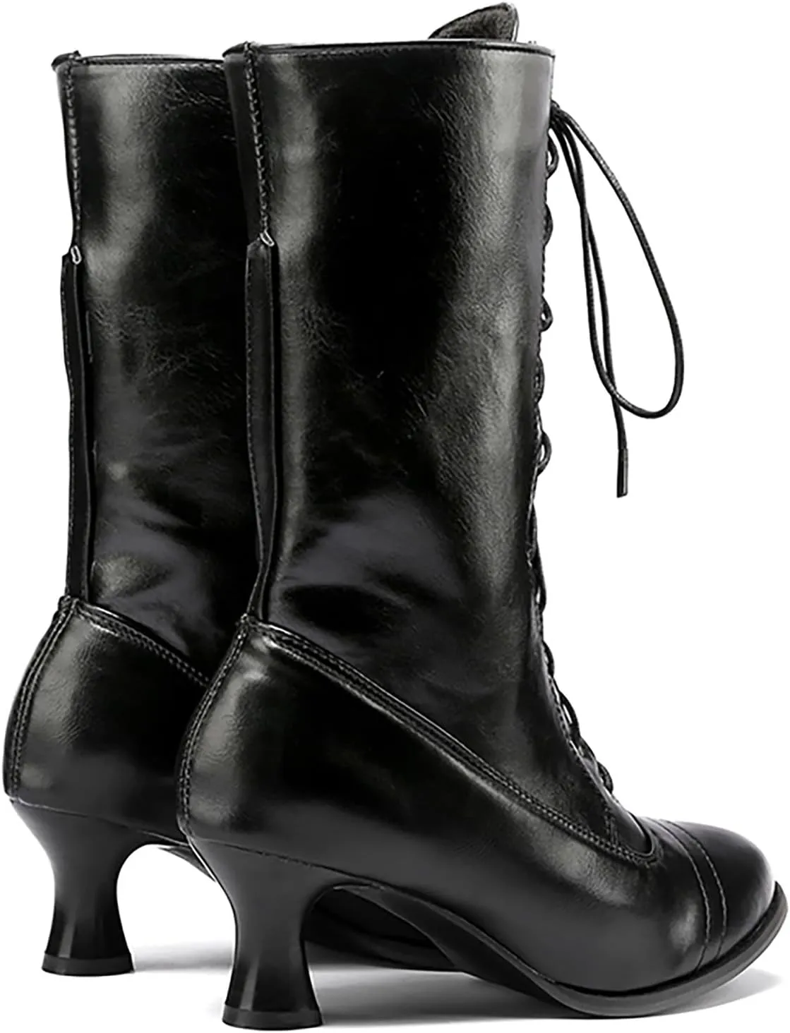 Womens Boots Retro Solid Color Lace Up Short Heel Winter Boots for Women Warm Durable PU Leather Mid-Calf Boots