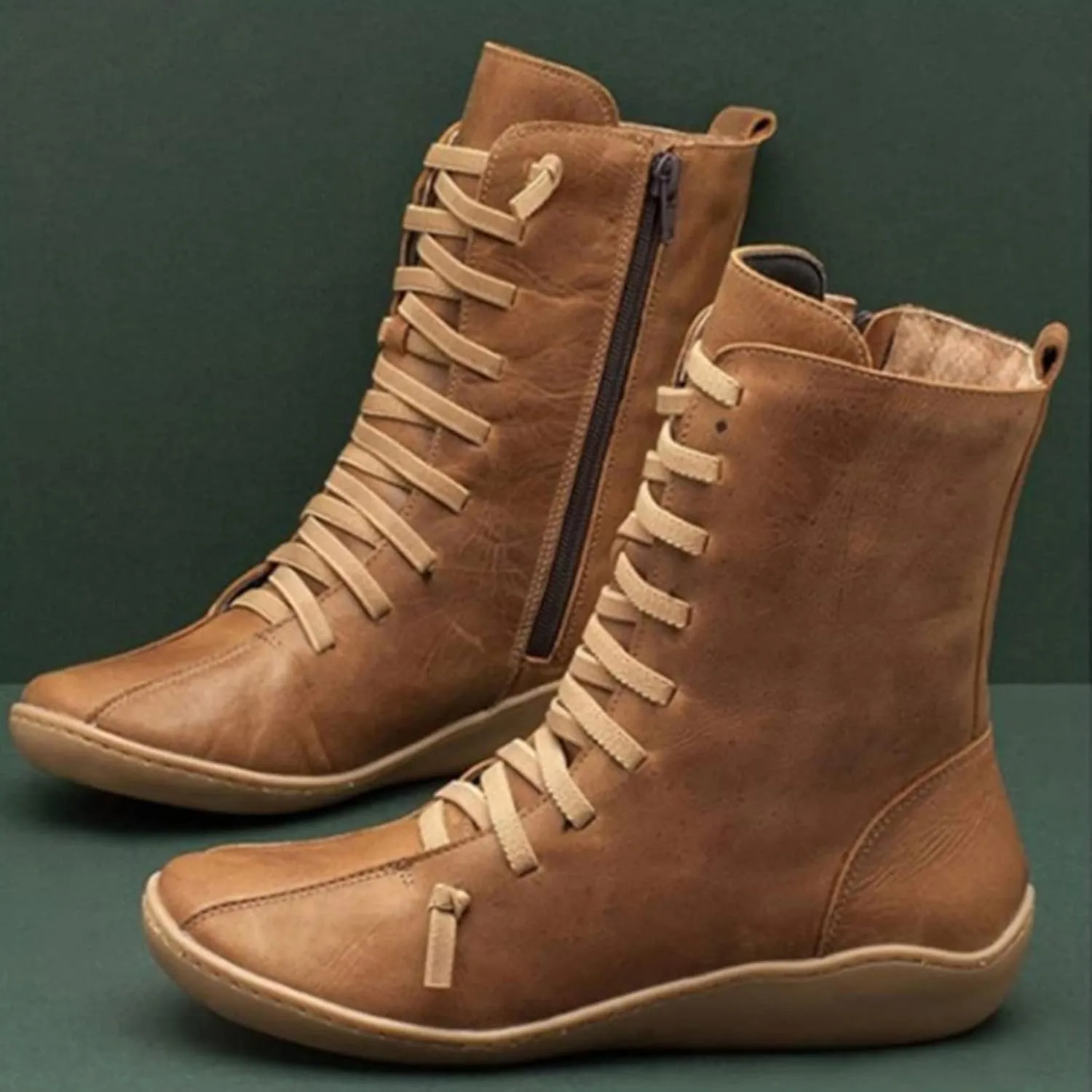 Women's Casual Boots Work Boots for Women Wide WidthWomen's Retro Mid-Calf Boots Solid Color Lace-up Short Boots