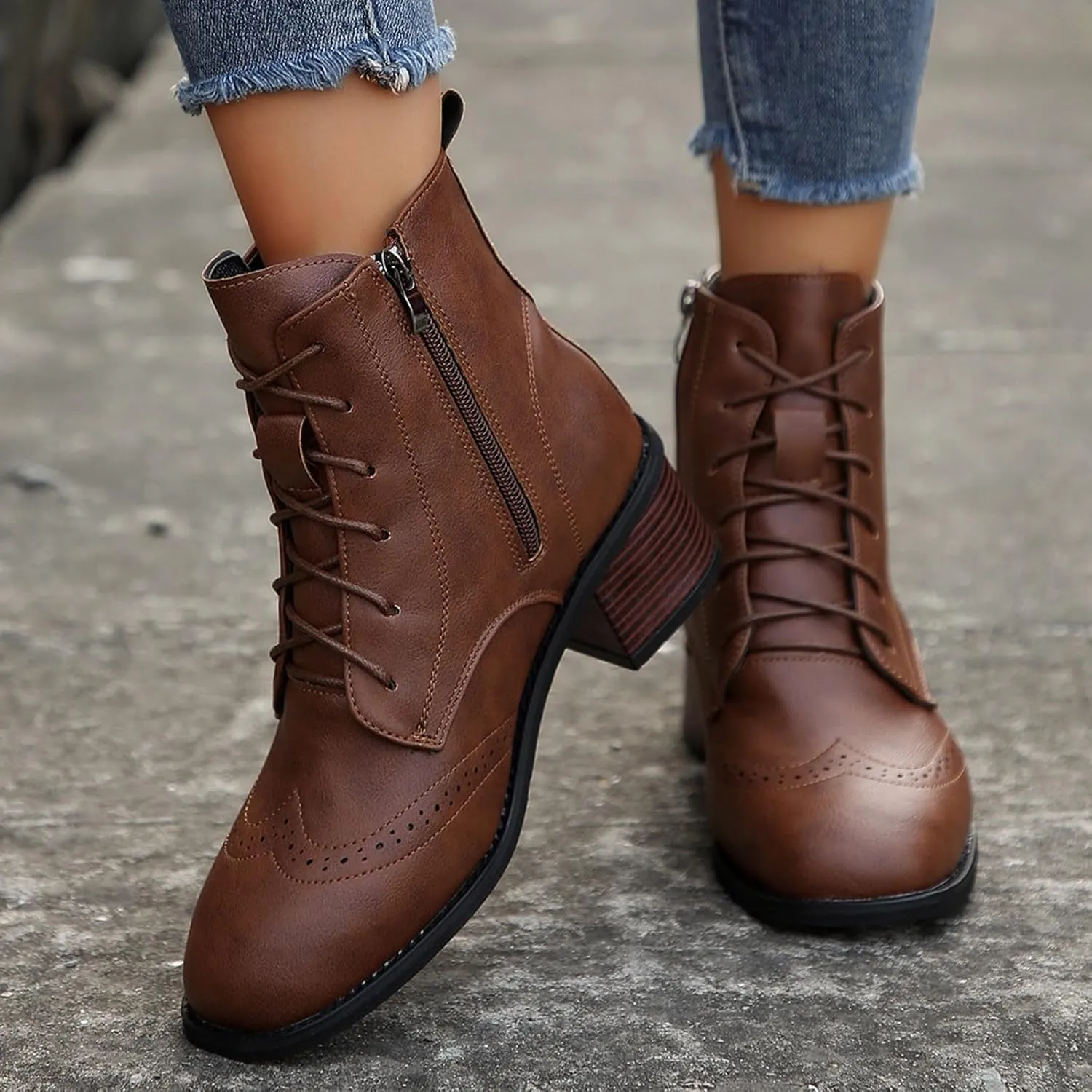 Women's Combat Boots Fashion Side Zipper Lace up Ankle Booties Chunky Heel Thick-Soled Mid Calf Shoes Work Boot