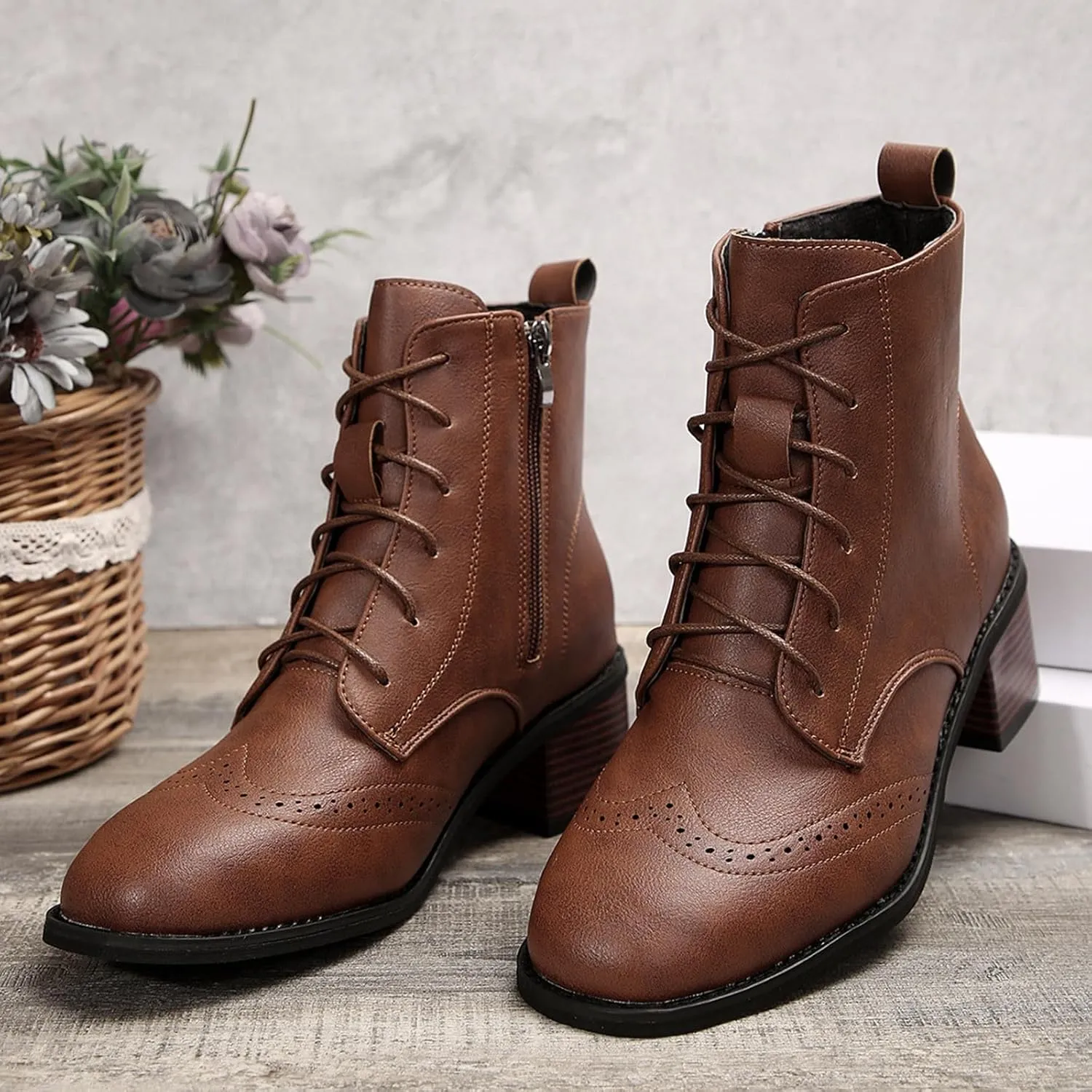 Women's Combat Boots Fashion Side Zipper Lace up Ankle Booties Chunky Heel Thick-Soled Mid Calf Shoes Work Boot