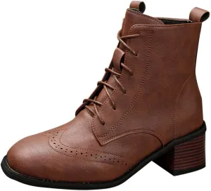 Women's Combat Boots Fashion Side Zipper Lace up Ankle Booties Chunky Heel Thick-Soled Mid Calf Shoes Work Boot