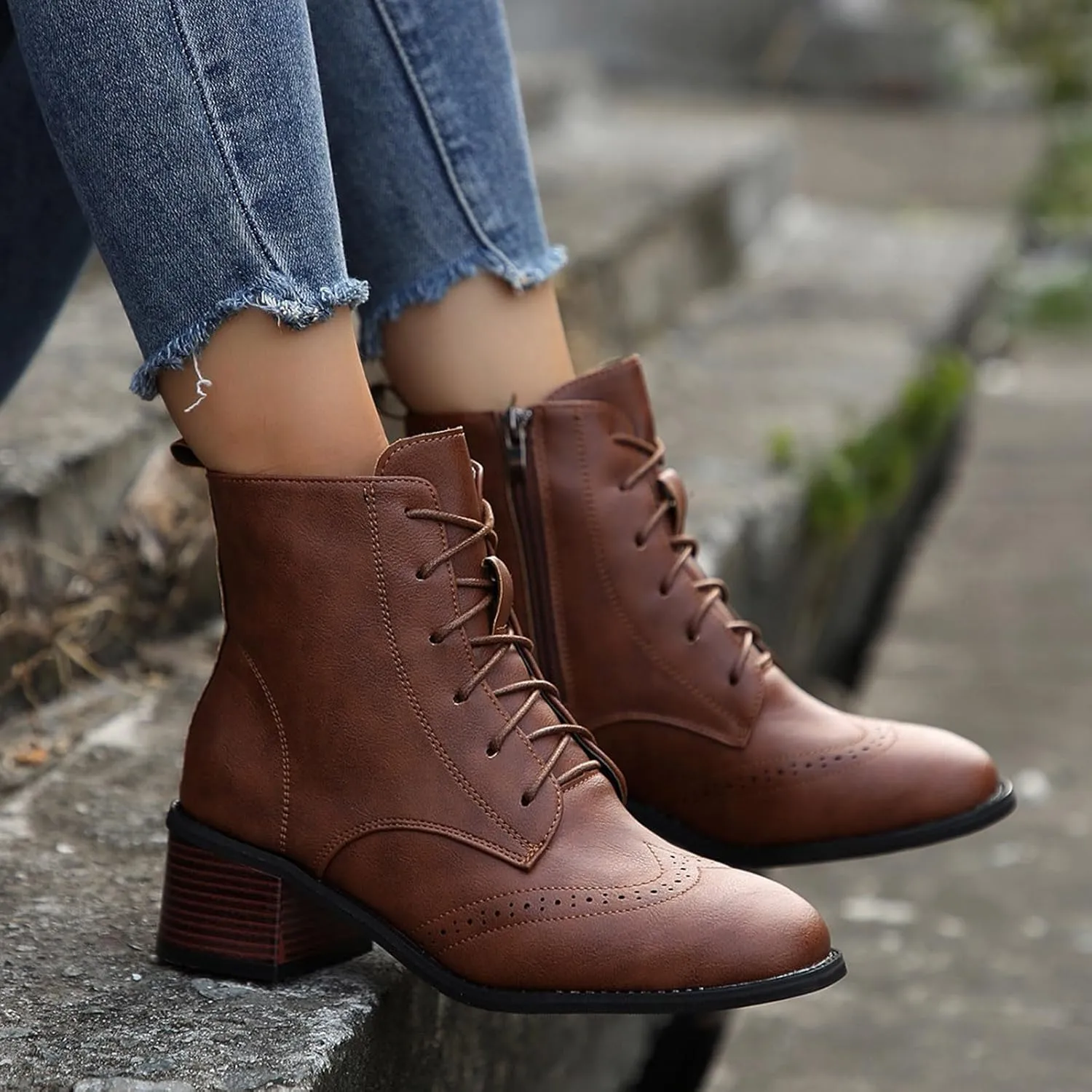Women's Combat Boots Fashion Side Zipper Lace up Ankle Booties Chunky Heel Thick-Soled Mid Calf Shoes Work Boot