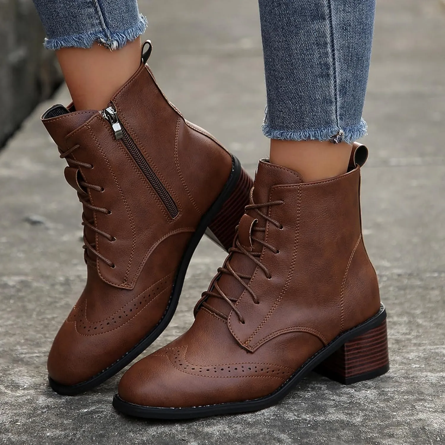 Women's Combat Boots Fashion Side Zipper Lace up Ankle Booties Chunky Heel Thick-Soled Mid Calf Shoes Work Boot