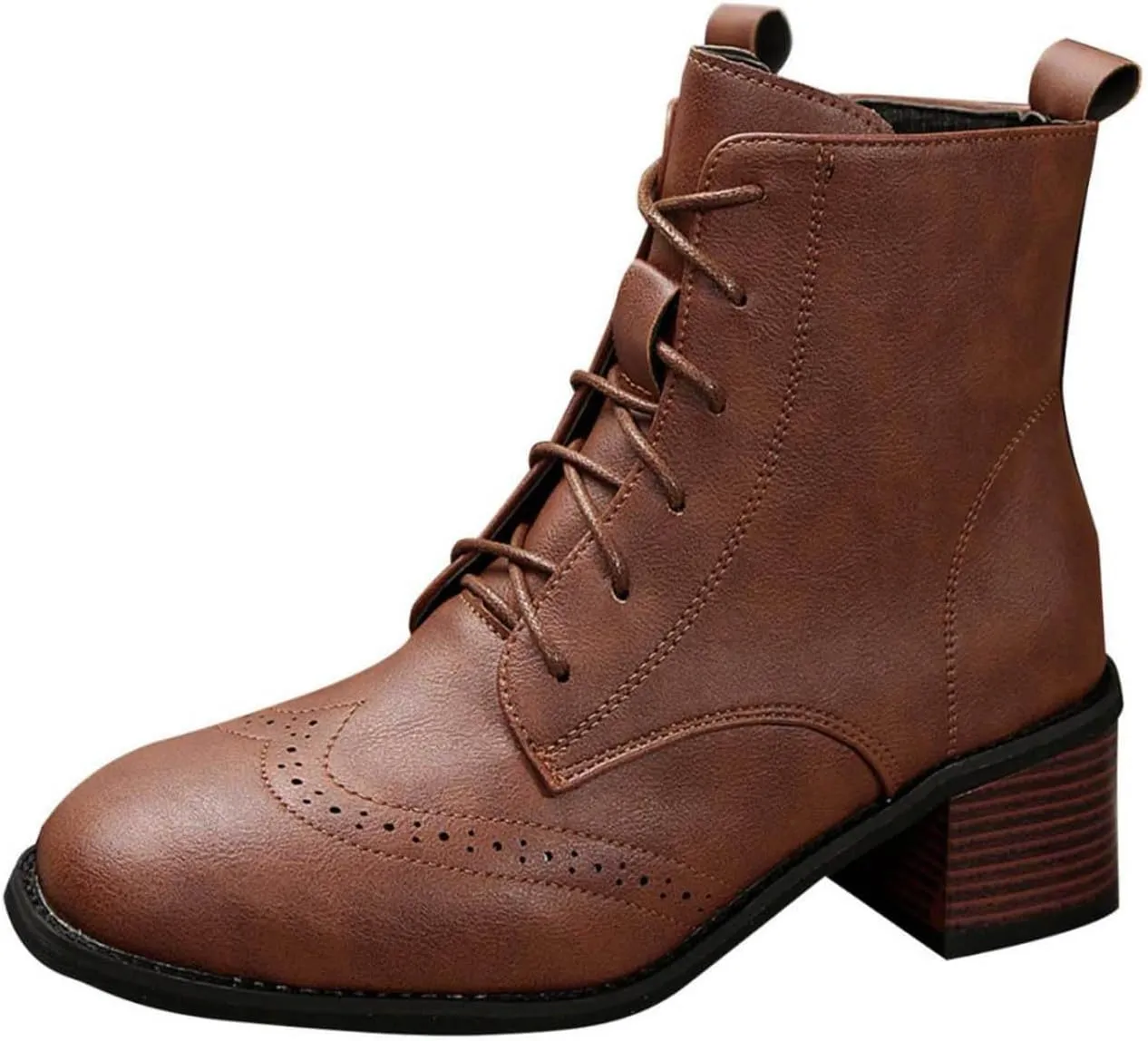 Women's Combat Boots Fashion Side Zipper Lace up Ankle Booties Chunky Heel Thick-Soled Mid Calf Shoes Work Boot