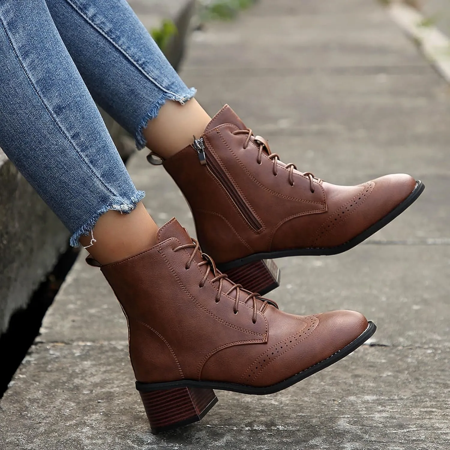 Women's Combat Boots Fashion Side Zipper Lace up Ankle Booties Chunky Heel Thick-Soled Mid Calf Shoes Work Boot