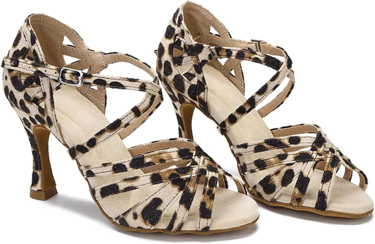 Women's Leopard Latin Dance Shoes - Soft Sole Satin Ballroom Party Sandals, 10CM/3.9Inch Heel Height