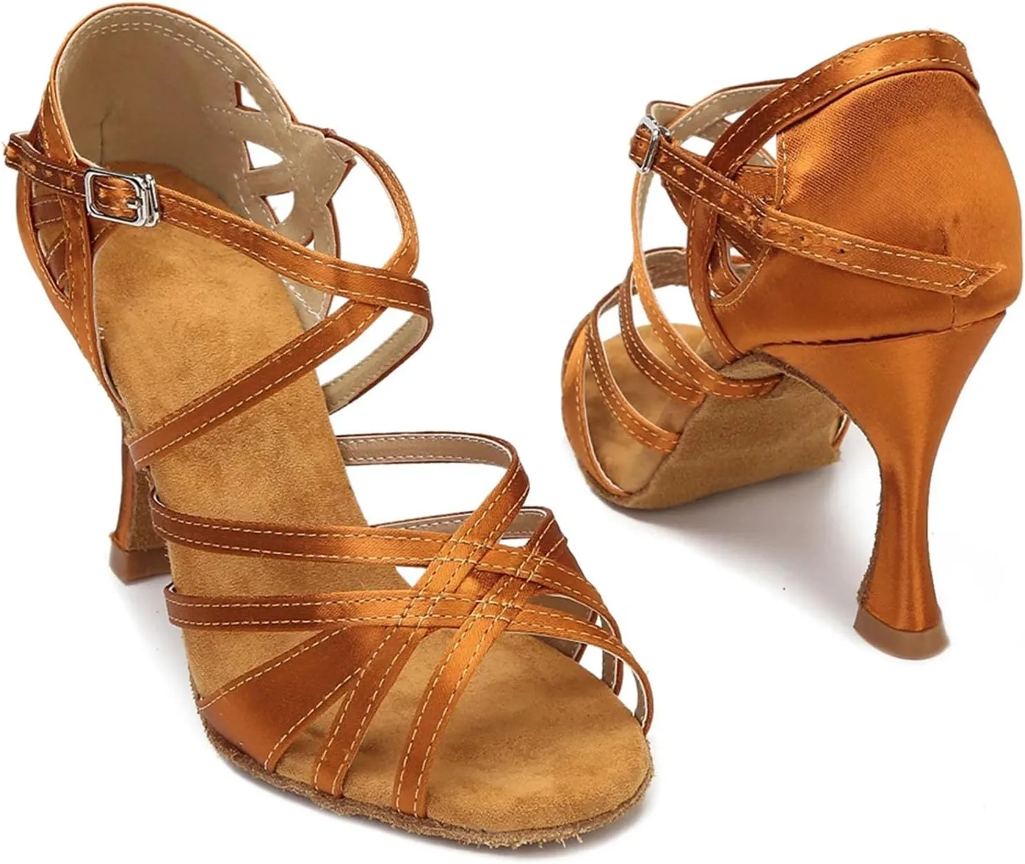 Women's Leopard Latin Dance Shoes - Soft Sole Satin Ballroom Party Sandals, 10CM/3.9Inch Heel Height