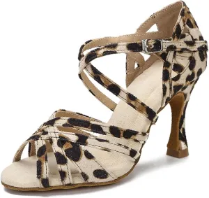 Women's Leopard Latin Dance Shoes - Soft Sole Satin Ballroom Party Sandals, 10CM/3.9Inch Heel Height