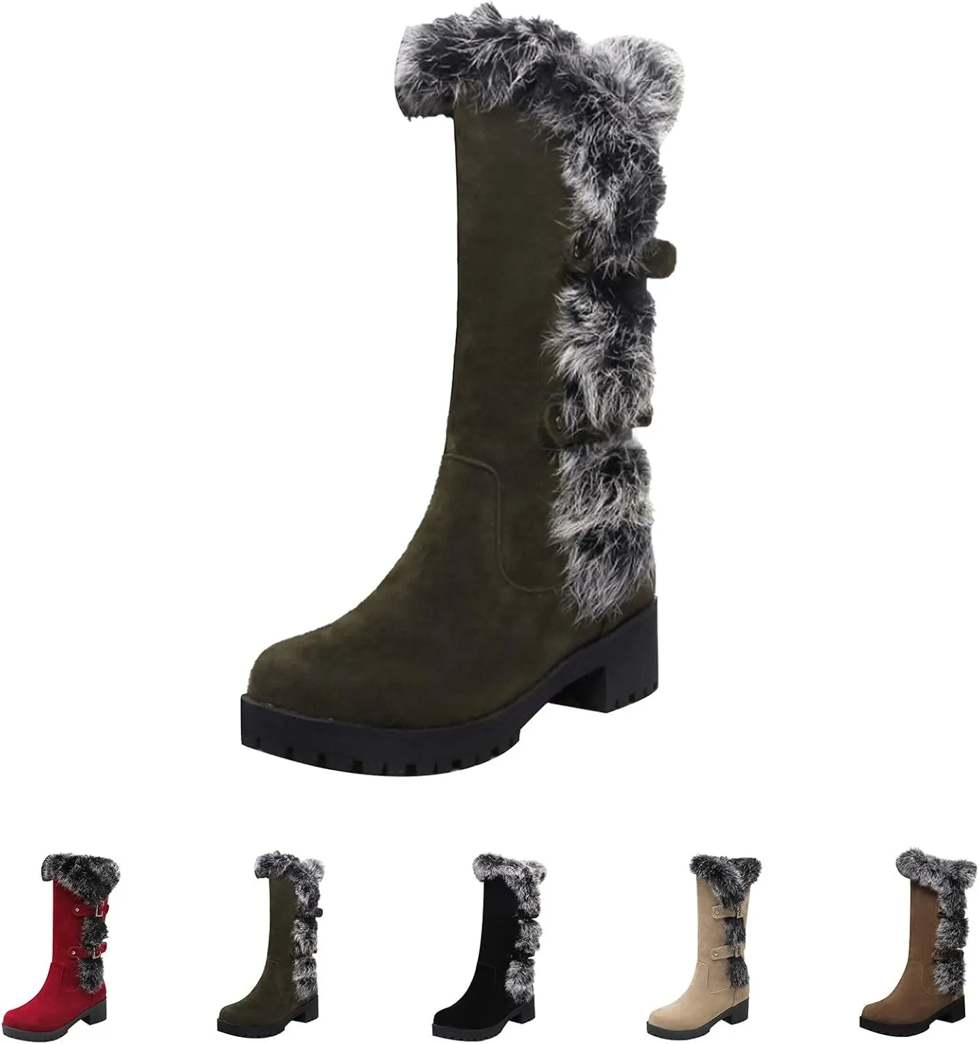 Women's Mid-Calf Winter Platform Hidden Wedge Boots Slip-on Fu Collar Warm aterproof Leather Non-slip Snow Boot