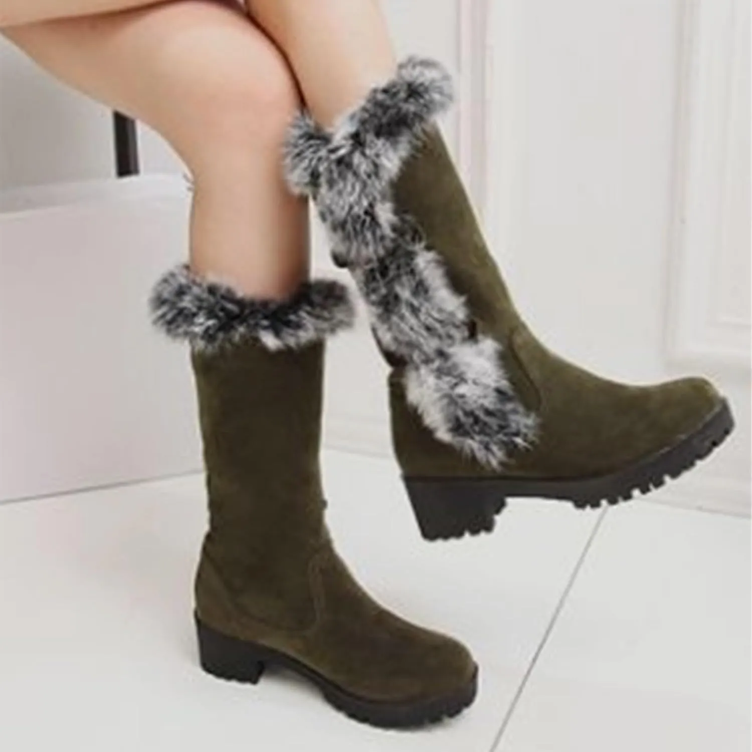 Women's Mid-Calf Winter Platform Hidden Wedge Boots Slip-on Fu Collar Warm aterproof Leather Non-slip Snow Boot