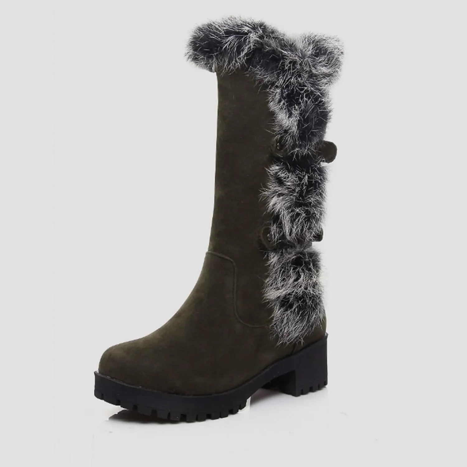 Women's Mid-Calf Winter Platform Hidden Wedge Boots Slip-on Fu Collar Warm aterproof Leather Non-slip Snow Boot